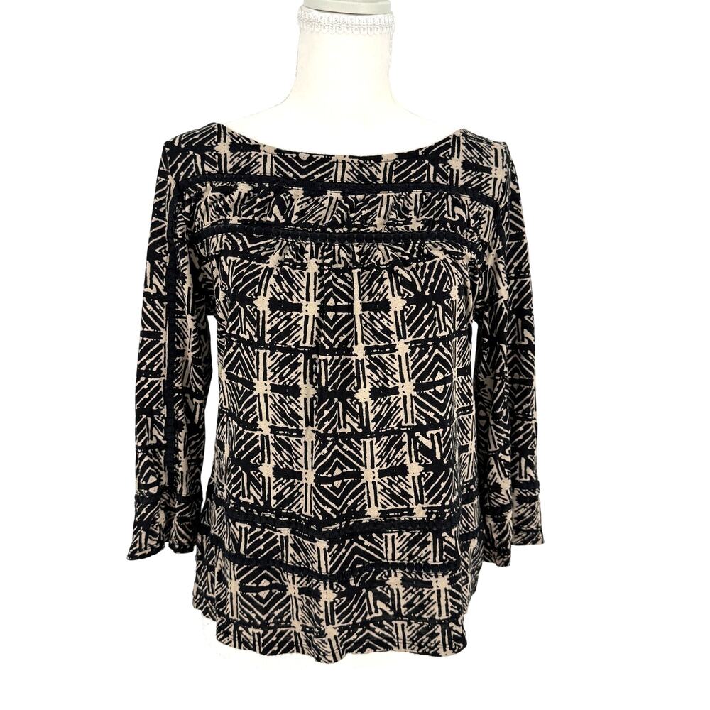 Lucky Brand Womens Boho Peasant Blouse Geometric Ikat Print 3/4 Sleeve Black S